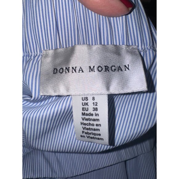 Donna Morgan Blue White Striped Off-Shoulder Dress Bell Sleeves Waist Tie Size 8 - Picture 7 of 10